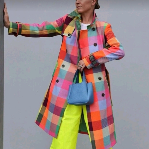 Jackets & Blazers - Plaid Double Breasted Trench Coat, Rainbow Colors, Women's Coat Fall-Winter